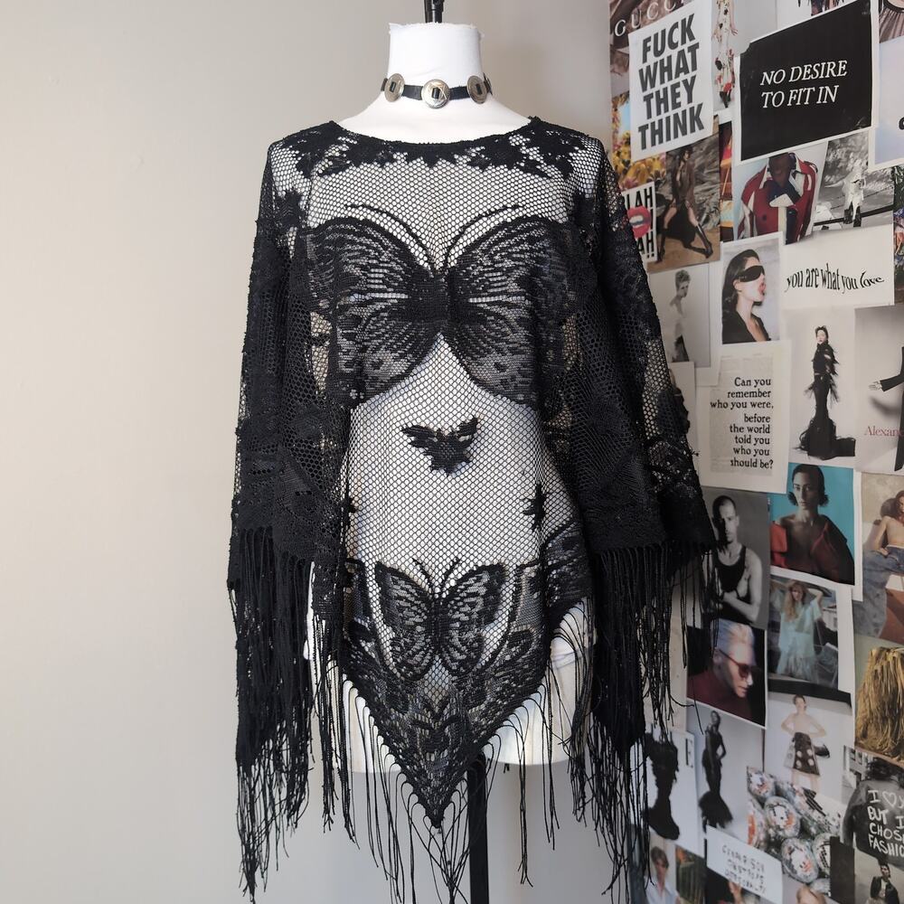 Black Butterfly Lace Fringe Poncho Gothic Top